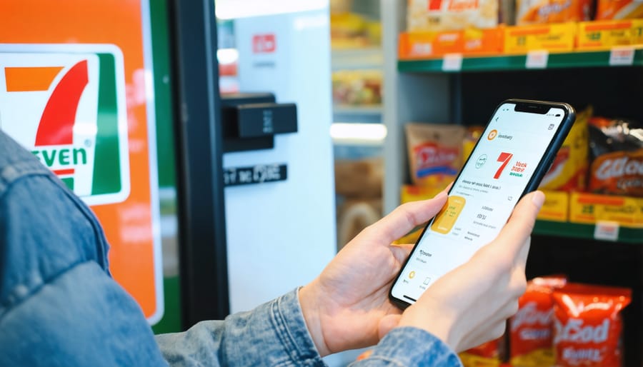 Person scanning QR code at 7-Eleven checkout counter using smartphone