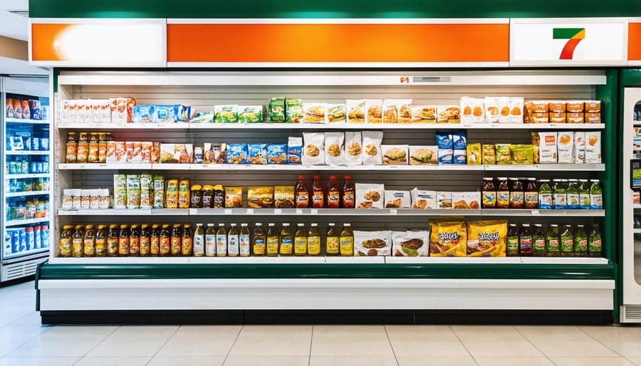 Interior of 7-Eleven store showcasing shelves with private label products and convenience items