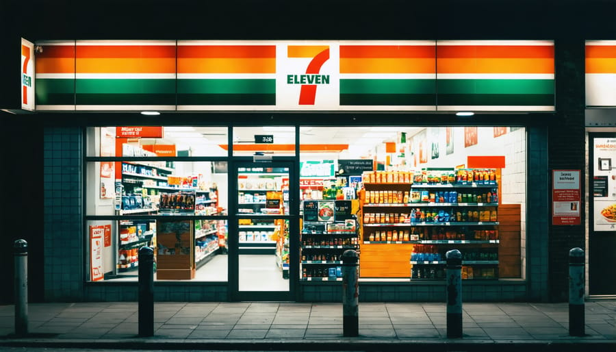 Illuminated 7-Eleven store exterior at night with customers entering