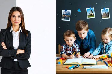 Conceptual illustration of a career woman balancing work and motherhood, showing her in different roles with business attire on one side and engaging with her children on the other.