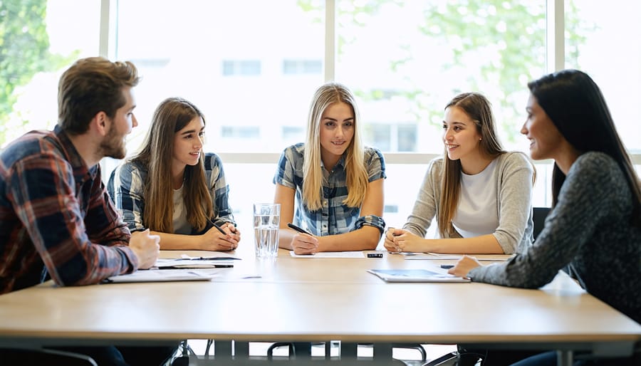 Students participating in an interactive business simulation exercise