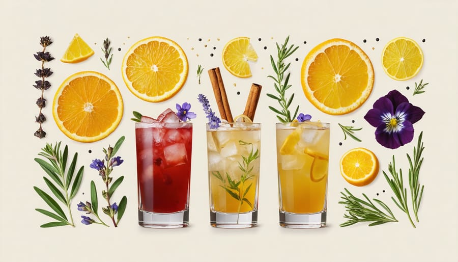 Artistic display of cocktail garnishes including citrus, flowers, and smoking aromatics