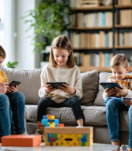 A family gathered in a living room, balancing digital device use while maintaining personal connections, embodying smart digital boundaries.