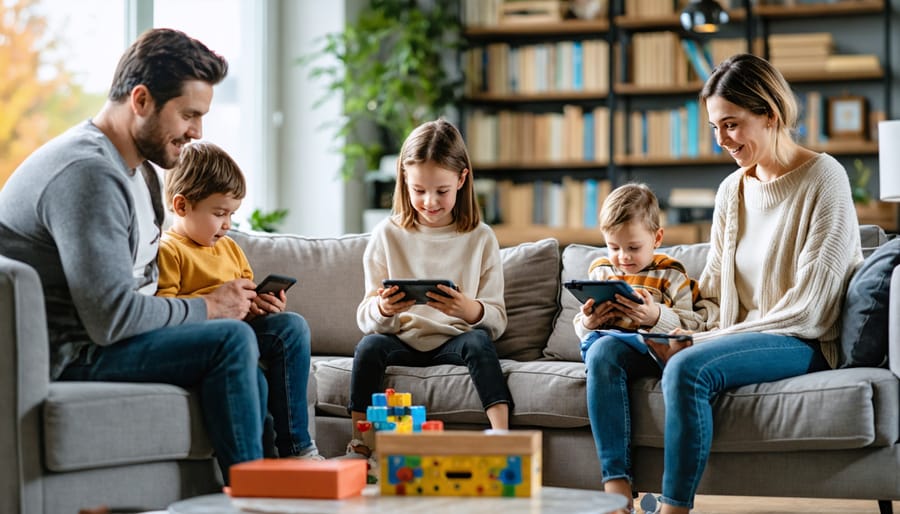 A family gathered in a living room, balancing digital device use while maintaining personal connections, embodying smart digital boundaries.