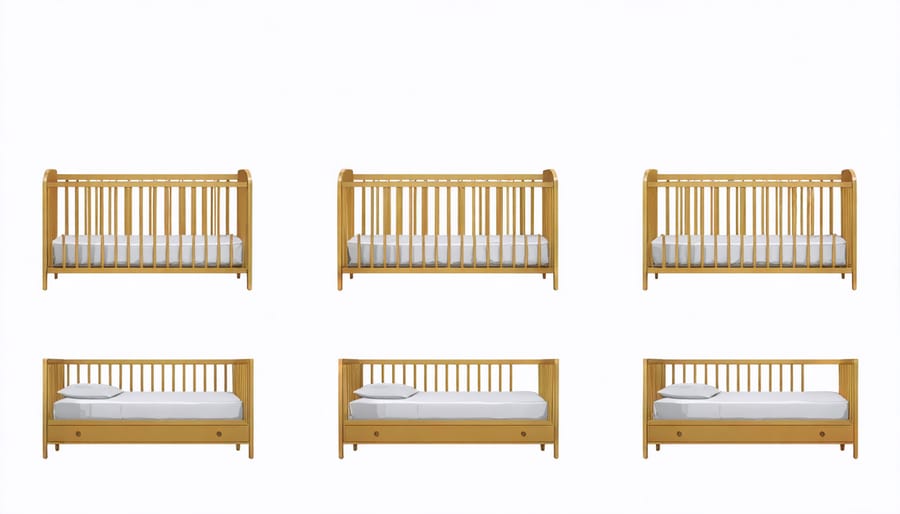 Multi-purpose convertible crib demonstrating transformation stages from baby to toddler bed