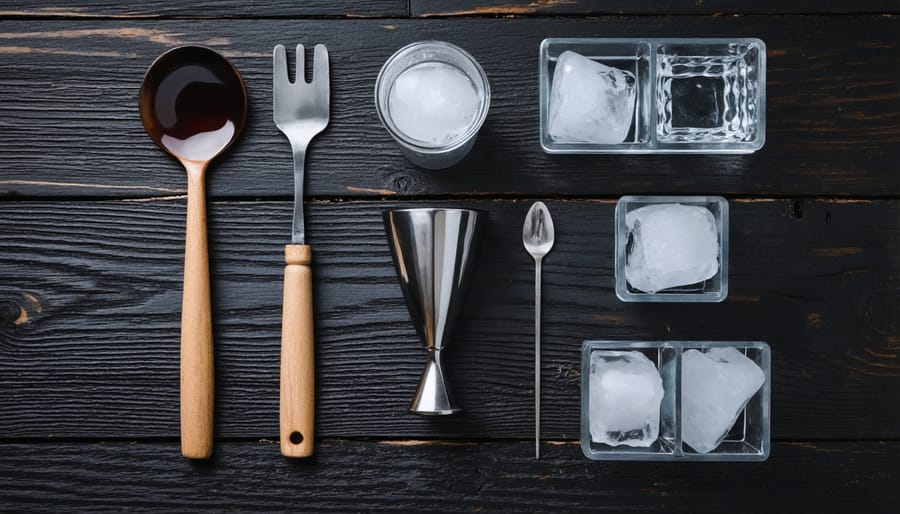 Professional bartending tools arranged neatly including jigger, mixing glass, and bar tools