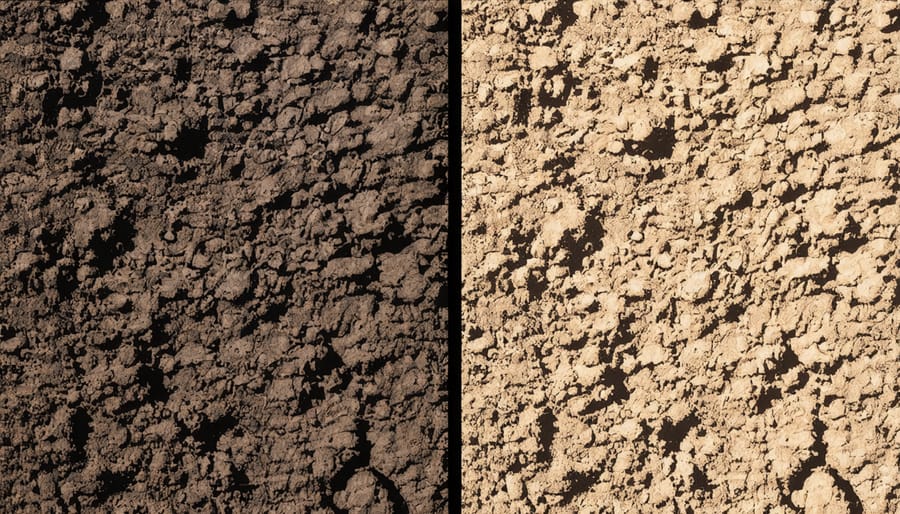 Side-by-side comparison of rich, dark soil from crop rotation practices versus pale, nutrient-depleted soil