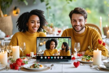 Couple sharing a romantic dinner over a video call with matching place settings and meals, symbolizing long-distance love and digital connection.