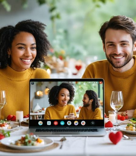 Couple sharing a romantic dinner over a video call with matching place settings and meals, symbolizing long-distance love and digital connection.