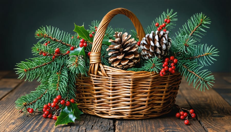 Collection of natural holiday decorating materials including pine cones and winter foliage in a woven basket