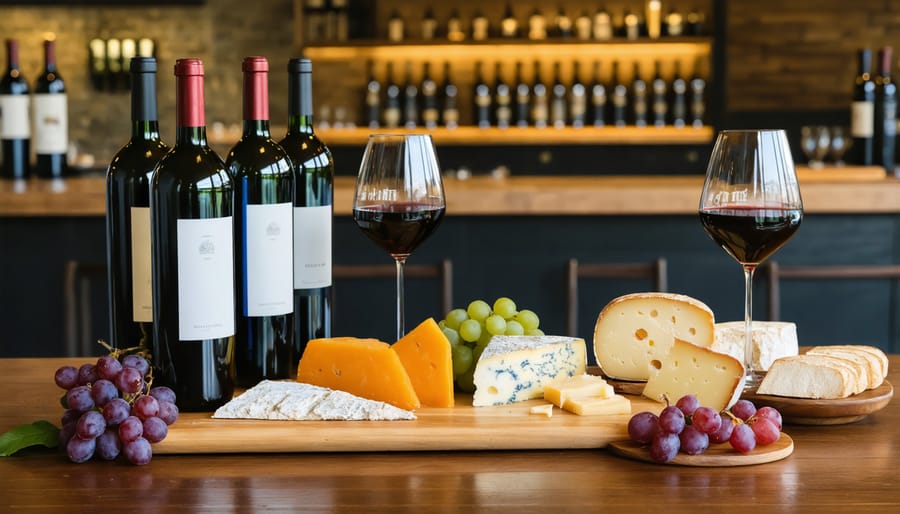 Elegant wine tasting spread with multiple Glen Ellen wines, local cheeses, and fresh bread on a rustic wooden table