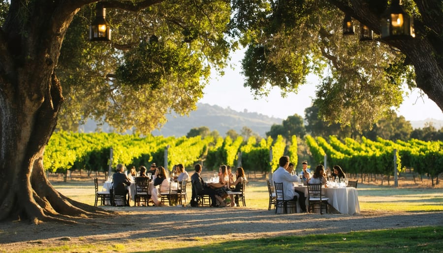 Couples enjoying wine tasting at secluded outdoor seating area surrounded by ancient oak trees