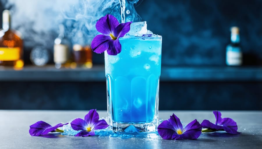 Purple and blue layered gin cocktail being poured into a tall glass with lavender garnish