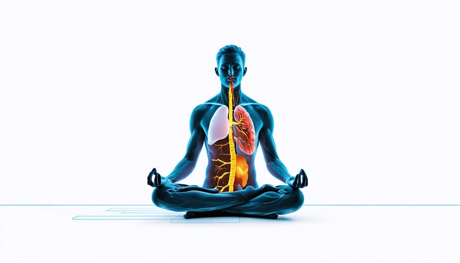 Anatomical illustration of proper meditation posture and breathing pattern