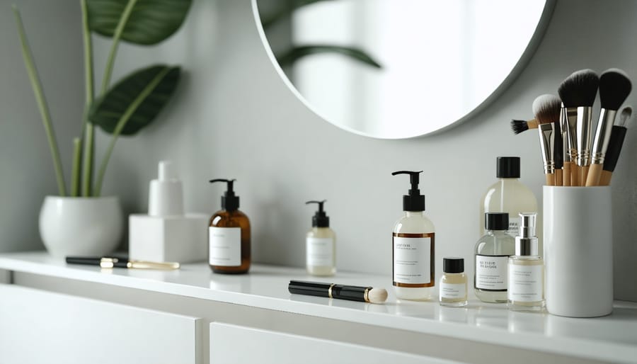 Minimalist beauty station with basic skincare and makeup items arranged neatly