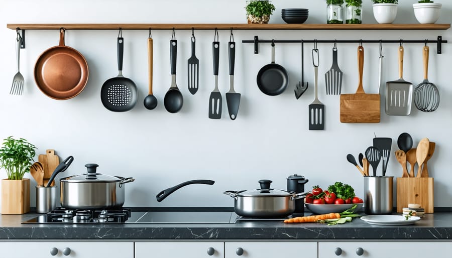 Clean kitchen counter with basic cooking essentials neatly arranged