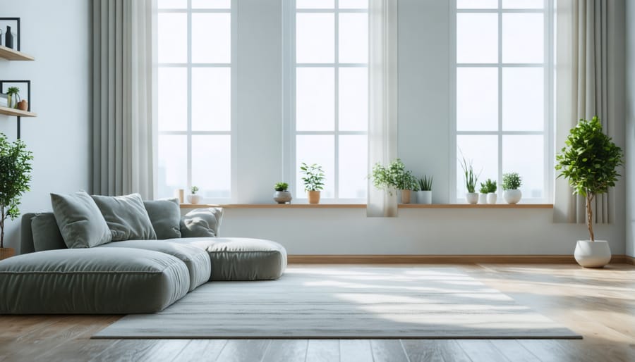 Minimalist living room featuring essential furniture, neutral colors, and abundant natural light