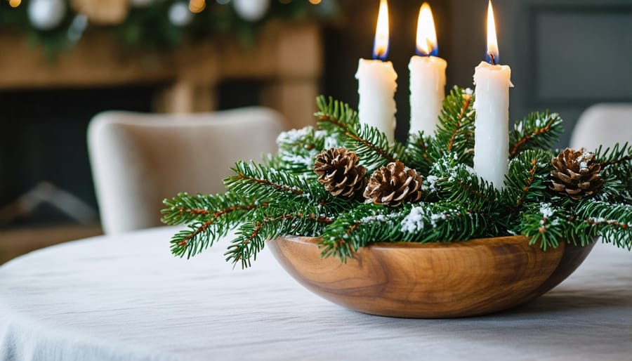 Natural holiday centerpiece with evergreen sprigs and candles on a dining table