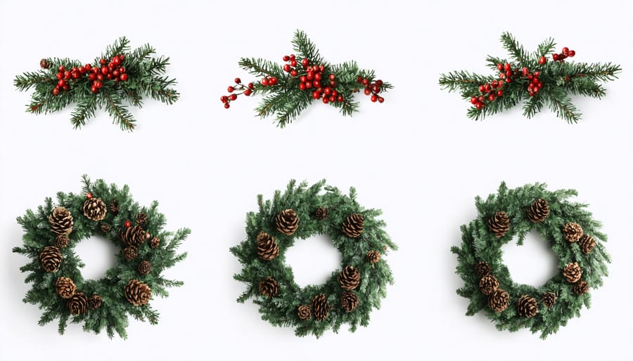 Tutorial sequence showing the stages of making a holiday wreath with natural materials