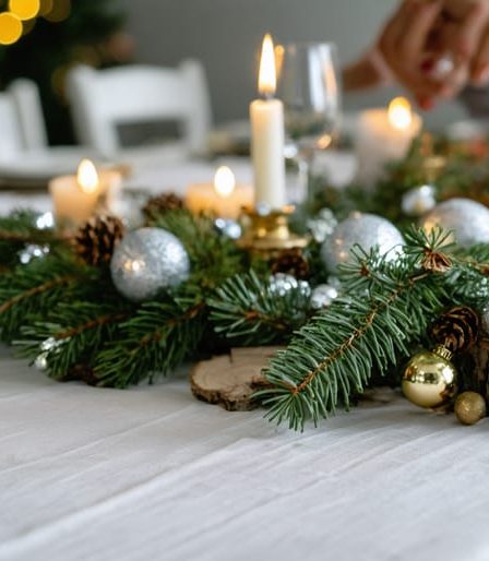 A calming holiday table setup with natural decorations like pine branches, wooden ornaments, and candles, surrounded by people sharing sincere conversations, depicting a mindful holiday gathering.