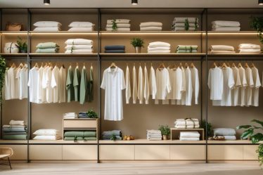 Carefully arranged wardrobe showcasing sustainable clothing items made from organic cotton and hemp, highlighting mindful fashion choices with eco-friendly labels.