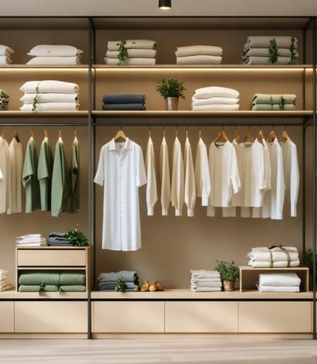 Carefully arranged wardrobe showcasing sustainable clothing items made from organic cotton and hemp, highlighting mindful fashion choices with eco-friendly labels.