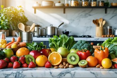 A visually appealing arrangement of skin-nourishing ingredients on a kitchen counter, featuring vibrant fruits, vegetables, and proteins that promote glowing skin.