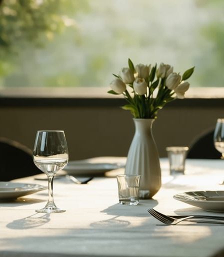 A serene dining space with a single elegant plate setting, soft natural lighting, and a calming table arrangement, exemplifying a mindful eating environment.