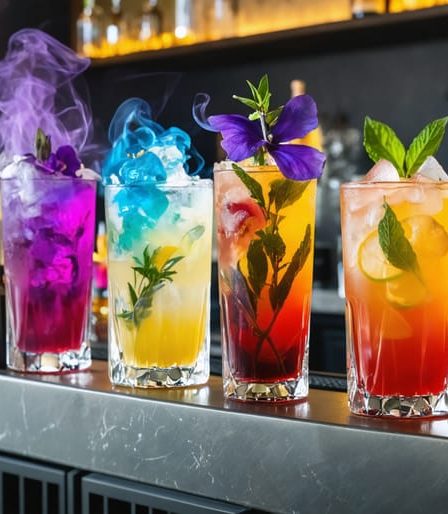 A modern home bar setup with an assortment of visually stunning craft cocktails including butterfly pea flower, smoky old fashioned, and lavender gin fizz, surrounded by cocktail tools and vibrant garnishes.