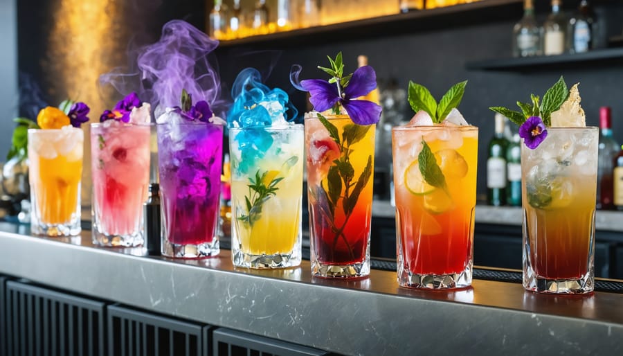 A modern home bar setup with an assortment of visually stunning craft cocktails including butterfly pea flower, smoky old fashioned, and lavender gin fizz, surrounded by cocktail tools and vibrant garnishes.