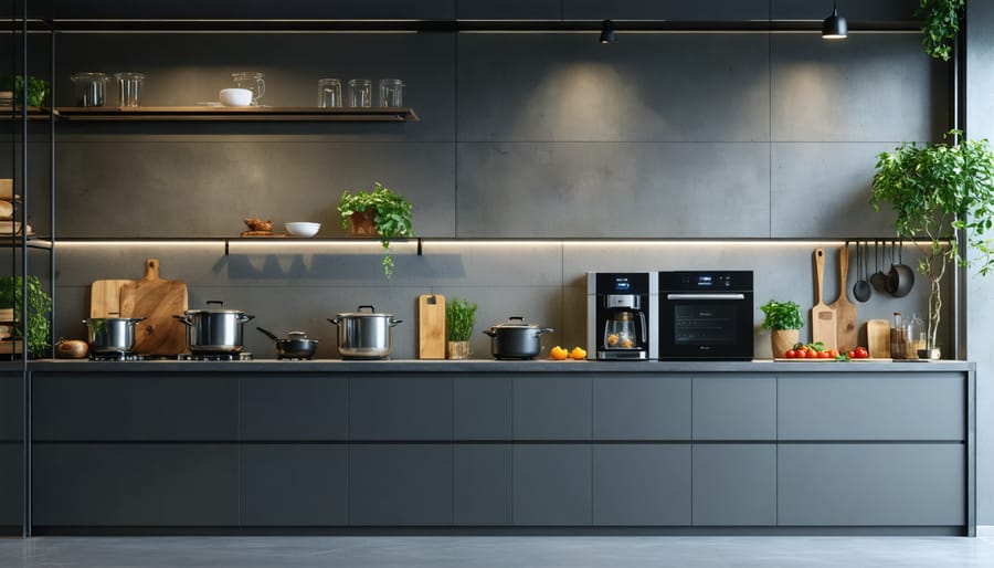 A futuristic kitchen countertop with various smart appliances, including a connected oven, multicooker, and coffee maker, all being controlled via a smartphone app, illustrating the integration of technology into everyday cooking.