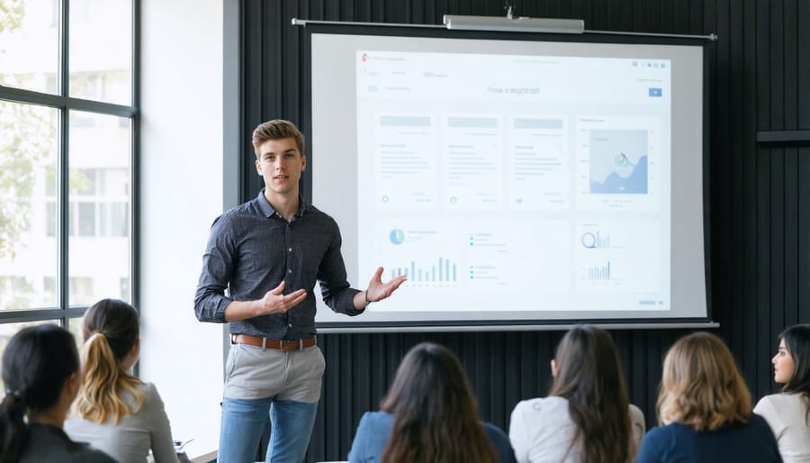 Student standing at podium presenting business project portfolio to classroom audience