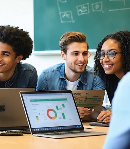 Diverse group of students collaborating in a business simulation exercise with a mentor, using laptops and digital tools in a modern classroom setting.