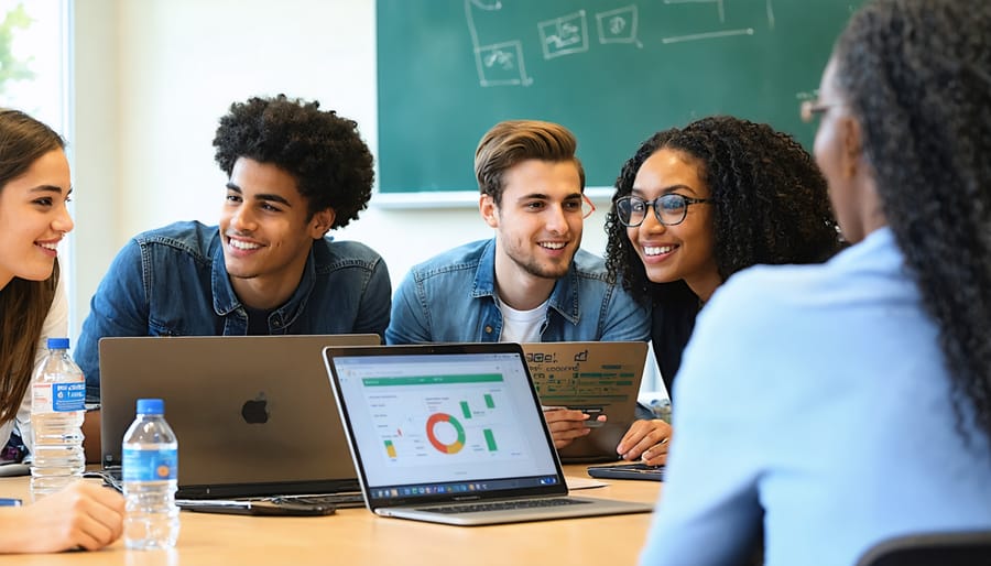 Diverse group of students collaborating in a business simulation exercise with a mentor, using laptops and digital tools in a modern classroom setting.