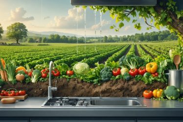 An artistic representation of a kitchen integrated with nature, featuring seasonal produce emerging from soil, with a backdrop of a thriving farm landscape displaying sustainable agricultural practices.