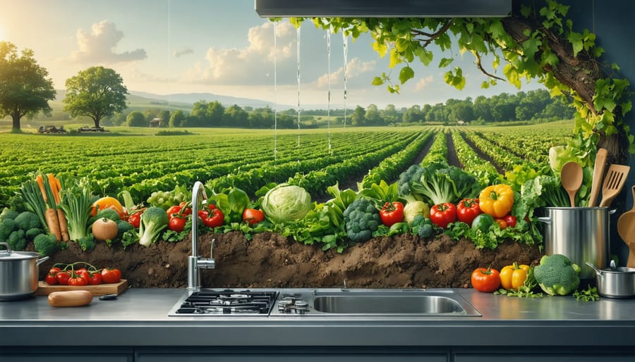 An artistic representation of a kitchen integrated with nature, featuring seasonal produce emerging from soil, with a backdrop of a thriving farm landscape displaying sustainable agricultural practices.