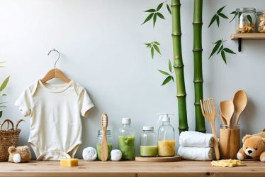 A selection of eco-friendly parenting products including bamboo baby clothes, organic cotton toys, and natural cleaning supplies displayed on a wooden surface with soft lighting.