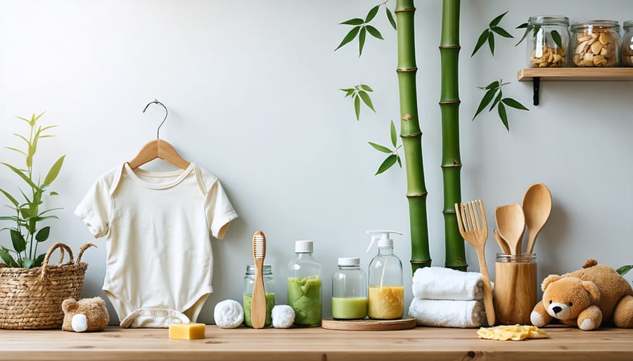 A selection of eco-friendly parenting products including bamboo baby clothes, organic cotton toys, and natural cleaning supplies displayed on a wooden surface with soft lighting.