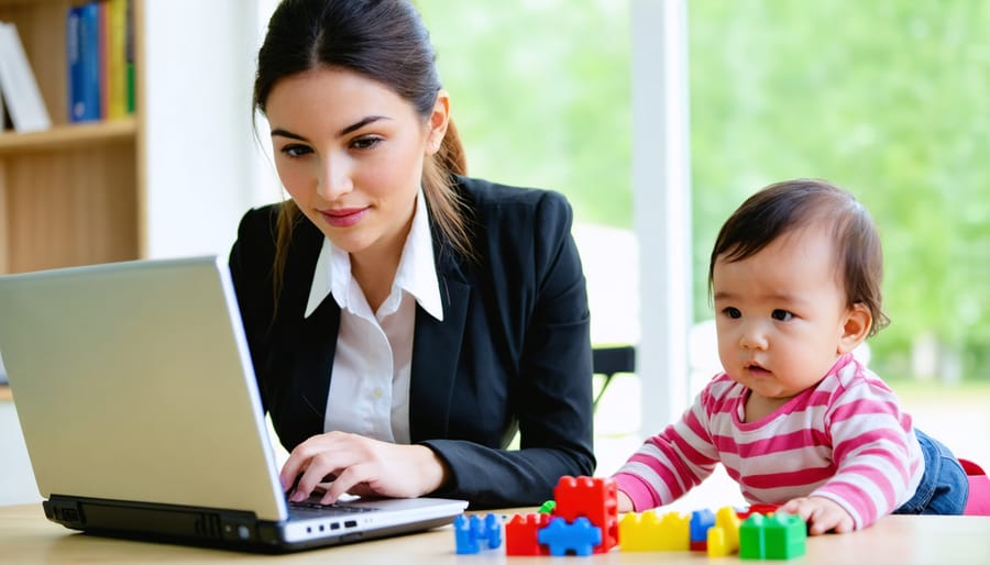 Working mother balancing remote work with childcare, showing realistic multitasking scenario