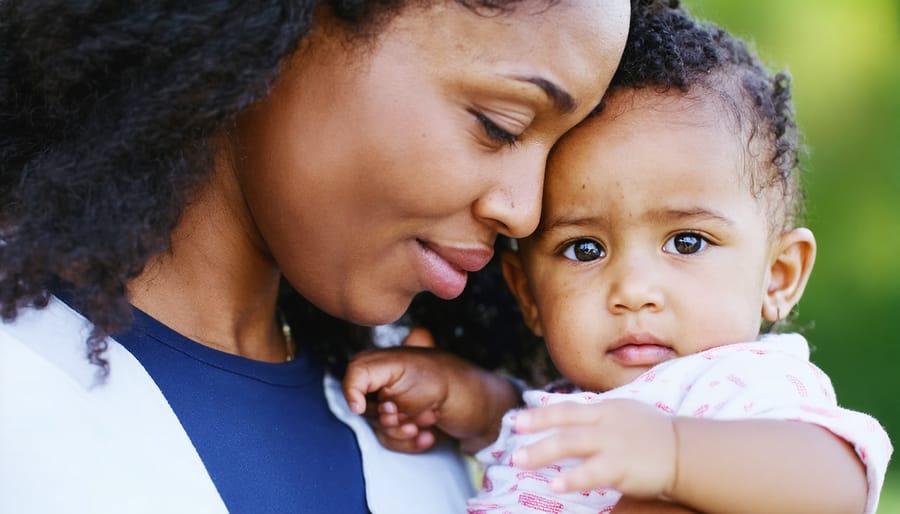 Parent kneeling and maintaining eye contact while child speaks expressively