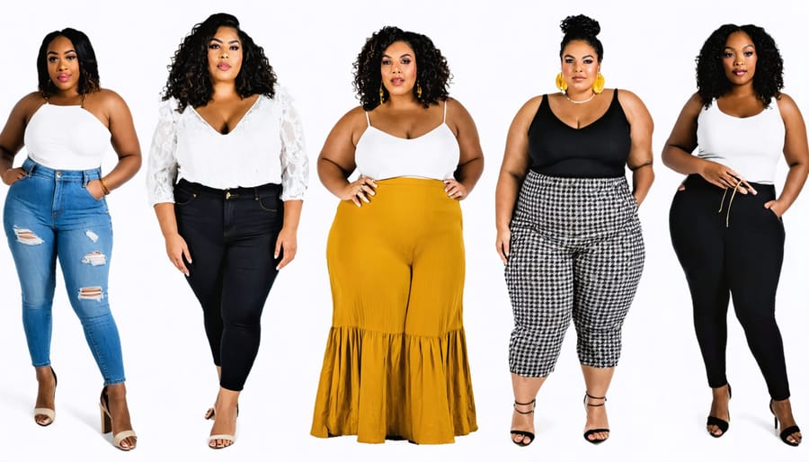 Grid of confident plus-size women over 40 wearing fashionable outfits, demonstrating various personal styles