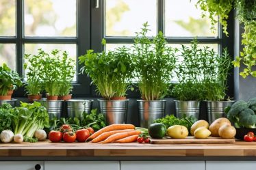 A modern eco-friendly kitchen with vibrant seasonal produce, herbs in window pots, and reusable containers, depicting sustainable cooking practices.