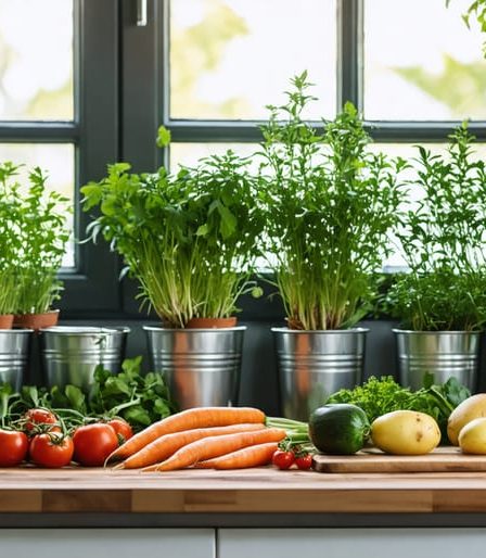 A modern eco-friendly kitchen with vibrant seasonal produce, herbs in window pots, and reusable containers, depicting sustainable cooking practices.