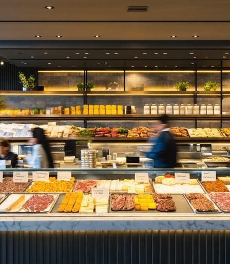 Elegant and modern interior of an ElleM delicatessen displaying a variety of gourmet meats, cheeses, and prepared foods with customers and staff creating a lively and welcoming atmosphere.