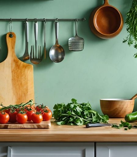 A selection of fresh, seasonal ingredients like vibrant vegetables and herbs arranged on a rustic kitchen counter, symbolizing the simplicity and versatility of 3-ingredient cooking for busy families.