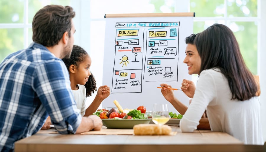 Family of four engaged in a structured family meeting with notebook and calendar
