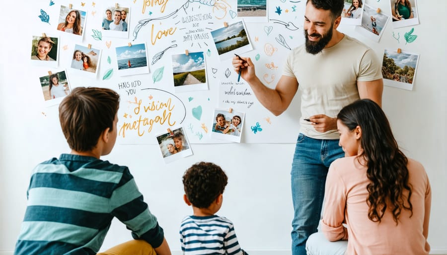 Parents and children working together on a colorful family vision board