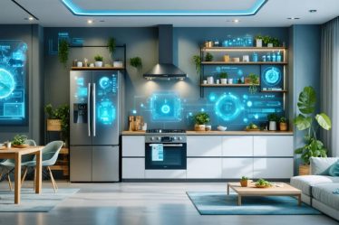 A futuristic smart home interior with smart appliances, a digital assistant display, and automated lighting, illustrating an integrated living environment in 2024.