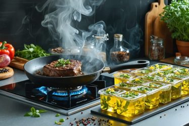 A dynamic kitchen setup illustrating various innovative cooking methods, including smoking vegetables with a stovetop smoker, reverse-searing a steak, and freezing herbs in olive oil within ice cube trays.