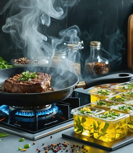 A dynamic kitchen setup illustrating various innovative cooking methods, including smoking vegetables with a stovetop smoker, reverse-searing a steak, and freezing herbs in olive oil within ice cube trays.
